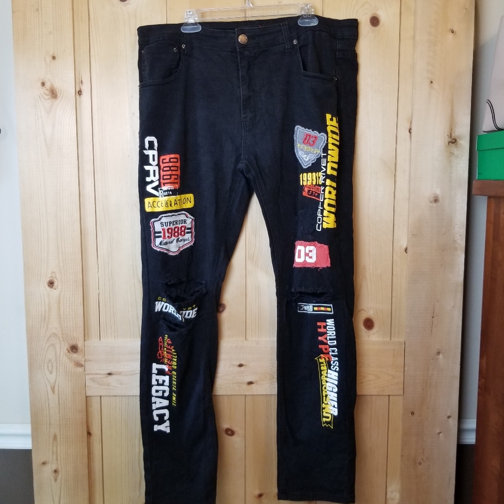 Copper Rivet Black Intentionally Distressed Patch Cotton Stretch Denim Jeans